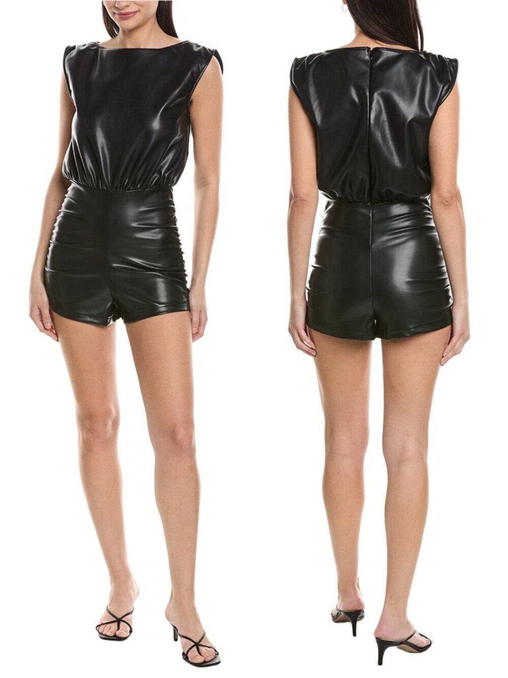 NWT New WeWoreWhat Muscle Tank Black Faux Leather Romper Size L